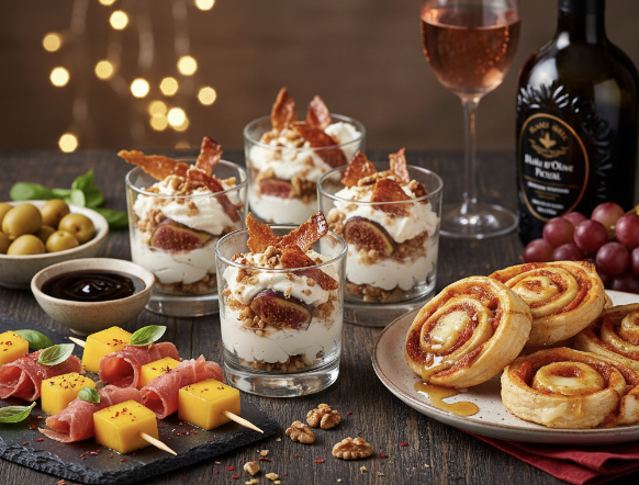 Apéritif de fêtes élégant avec verrines au jambon ibérique, brochettes melon-jambon et feuilletsés chorizo