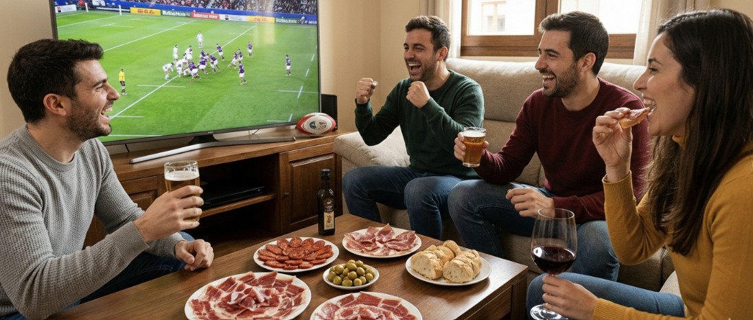 Groupe d'amis regardant le rugby avec un plateau de charcuterie ibérique, jambon et chorizo